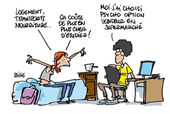 Caricature représentant deux étudiants parlant des frais liés aux études