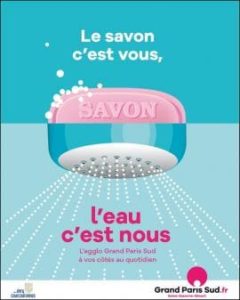 Affiche avec slogan : le savon, c'est vous, l'eau c'est nous